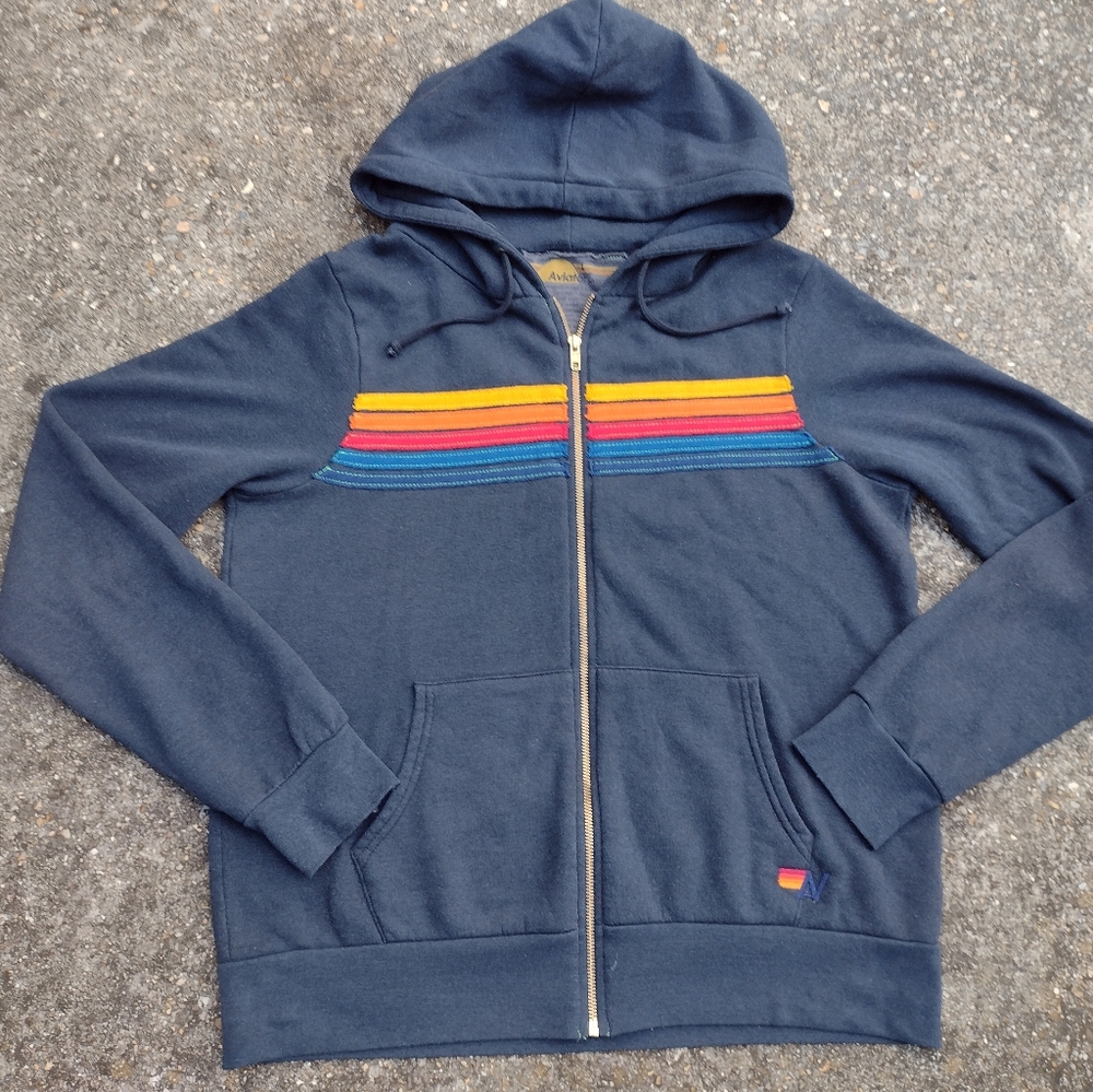 Aviator Nation 5 Stripe Hoodie Sweatshirt Pockets Navy Blue Distressed size L